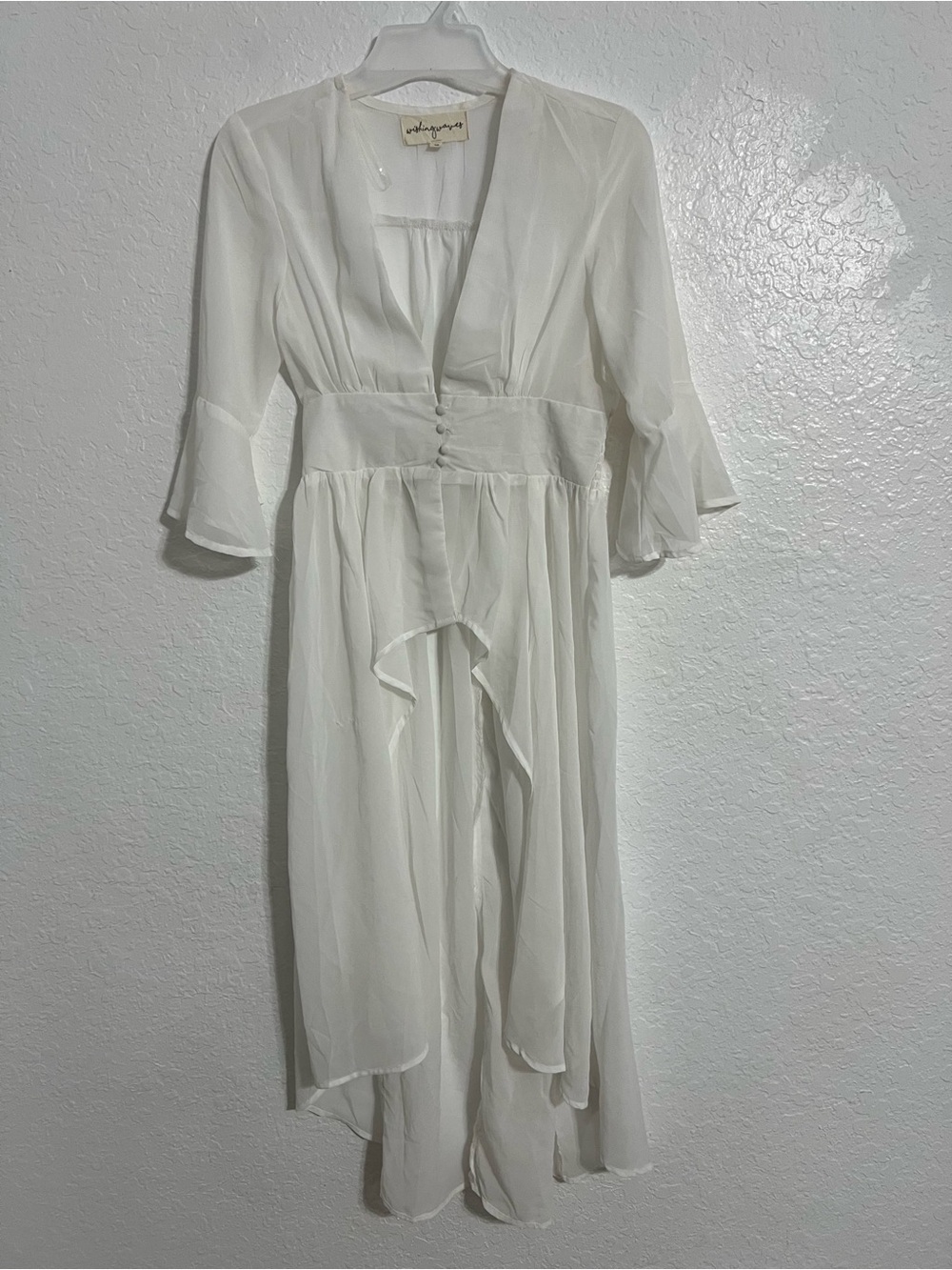 Wishing Waves Womens Blouse Long Button Up  3/4 Sleeve  White Size M V-Neck #548
